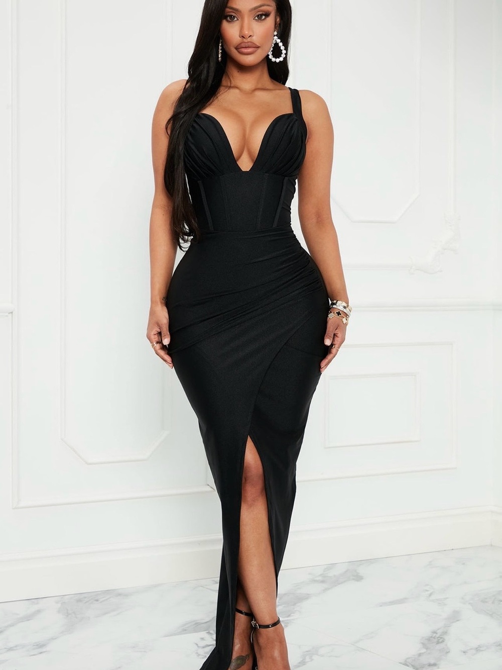 Elegant Black Maxi Dress with Plunging V-Neck